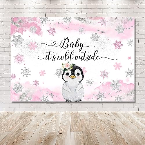 Mehofond 7x5ft Penguin Winter Baby Shower Backdrop Baby It's Cold Outside Pink Watercolor Background Artic Animals Newborn Baby Shower Party Banner Decorations Photo Booth Props