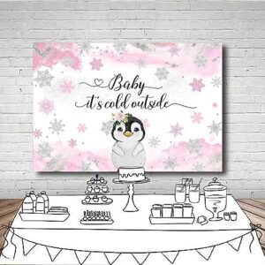 Mehofond 7x5ft Penguin Winter Baby Shower Backdrop Baby It's Cold Outside Pink Watercolor Background Artic Animals Newborn Baby Shower Party Banner Decorations Photo Booth Props