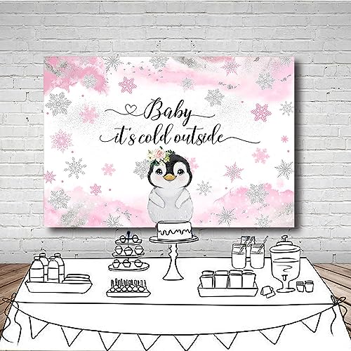 Mehofond 7x5ft Penguin Winter Baby Shower Backdrop Baby It's Cold Outside Pink Watercolor Background Artic Animals Newborn Baby Shower Party Banner Decorations Photo Booth Props