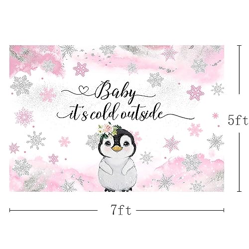 Mehofond 7x5ft Penguin Winter Baby Shower Backdrop Baby It's Cold Outside Pink Watercolor Background Artic Animals Newborn Baby Shower Party Banner Decorations Photo Booth Props