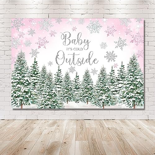 Mehofond 7x5ft Winter Baby Shower Pink and Green Backdrop Baby It's Cold Outside Snowflake Silver Gliter Photography Background Our Little Baby Is on the Way Party Banner Decorations Photo Booth Props