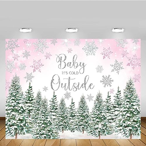 Mehofond 7x5ft Winter Baby Shower Pink and Green Backdrop Baby It's Cold Outside Snowflake Silver Gliter Photography Background Our Little Baby Is on the Way Party Banner Decorations Photo Booth Props