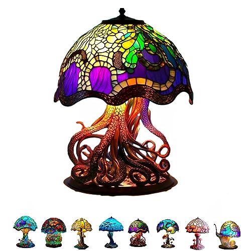 Stained Glass Plant Series Table Lamp, Painting Glass Mushroom Table Lamp, 2023 New Vintage Decorative Bedside Lamp, Mushroom Table Lamp, for Home Livingroom Bedroom Office Decorations Lamp (E)