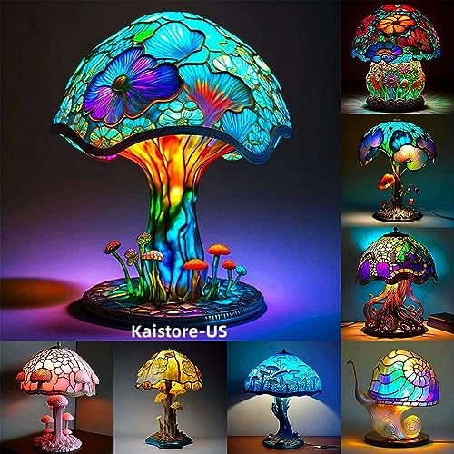 Stained Glass Plant Series Table Lamp, Painting Glass Mushroom Table Lamp, 2023 New Vintage Decorative Bedside Lamp, Mushroom Table Lamp, for Home Livingroom Bedroom Office Decorations Lamp (E)