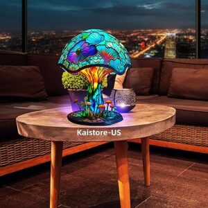 Stained Glass Plant Series Table Lamp, Painting Glass Mushroom Table Lamp, 2023 New Vintage Decorative Bedside Lamp, Mushroom Table Lamp, for Home Livingroom Bedroom Office Decorations Lamp (E)