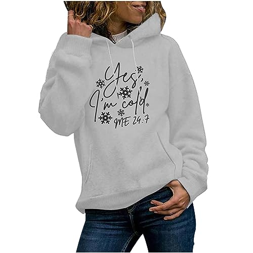 DOLKFU prime deals of the day today only cute sweatshirts for women Womens Yes I'M Cold Me 24:7 Hoodies Long Sleeve Casual Drawstring Hooded Pullover Trendy Loose Fit Sweatshirts Gray L