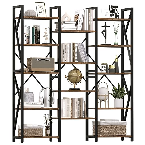 GAOMONTriple Wide 5 Tier Book Shelf, Tall Bookshelf with Open Display Shelves, Industrial Large Bookshelves and Bookcases with Metal Frame for Living Room, Bedroom, Home Office-Rustic Brown