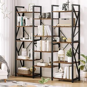 gaomontriple wide 5 tier book shelf, tall bookshelf with open display shelves, industrial large bookshelves and bookcases with metal frame for living room, bedroom, home office-rustic brown