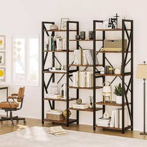 GAOMONTriple Wide 5 Tier Book Shelf, Tall Bookshelf with Open Display Shelves, Industrial Large Bookshelves and Bookcases with Metal Frame for Living Room, Bedroom, Home Office-Rustic Brown