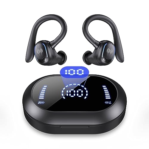 Psier Wireless Earbuds Bluetooth Headphones 50Hrs Playback Ear buds IPX7 Waterproof Sports Earphones Dual Power Display with Earhooks Built in Mic Clear Calls Over Ear Earbuds for Running Workout Gym