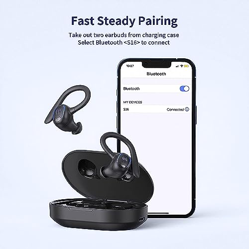 Psier Wireless Earbuds Bluetooth Headphones 50Hrs Playback Ear buds IPX7 Waterproof Sports Earphones Dual Power Display with Earhooks Built in Mic Clear Calls Over Ear Earbuds for Running Workout Gym