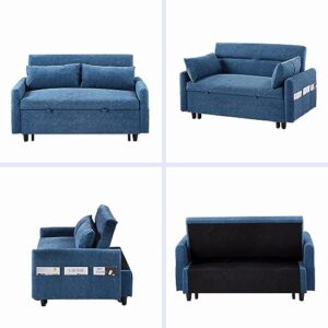 Gynsseh Pull Out Sofa Sleeper, 3 in 1 Convertible Sleeper Sofa Bed with 2 Pillows and Storage Pockets, Microfiber Love Seat Lounge Sofa Bed for Small Space, Living Room, Blue