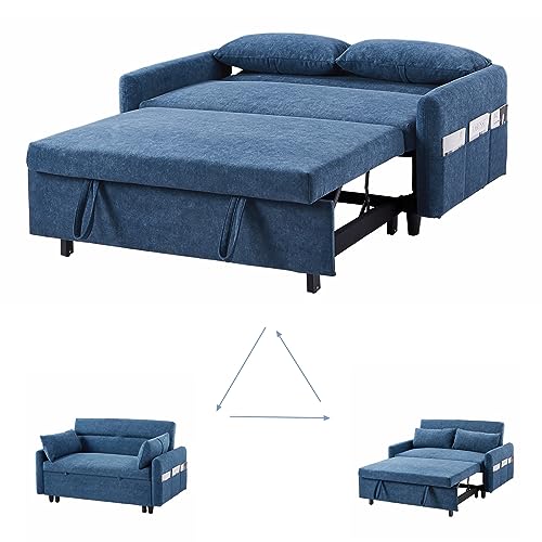 Gynsseh Pull Out Sofa Sleeper, 3 in 1 Convertible Sleeper Sofa Bed with 2 Pillows and Storage Pockets, Microfiber Love Seat Lounge Sofa Bed for Small Space, Living Room, Blue