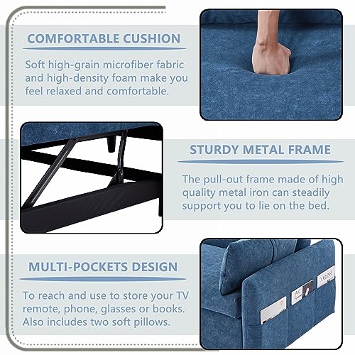 Gynsseh Pull Out Sofa Sleeper, 3 in 1 Convertible Sleeper Sofa Bed with 2 Pillows and Storage Pockets, Microfiber Love Seat Lounge Sofa Bed for Small Space, Living Room, Blue