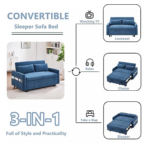 Gynsseh Pull Out Sofa Sleeper, 3 in 1 Convertible Sleeper Sofa Bed with 2 Pillows and Storage Pockets, Microfiber Love Seat Lounge Sofa Bed for Small Space, Living Room, Blue