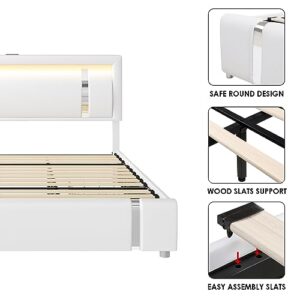 Queen Bed Frame with RGB LED Lights Headboard & 2 Storage Drawers, Modern Upholstered Faux Leather Smart Platform Bed with Iron Metal Decor, USB & USB-C Charging Ports, No Box Spring Needed, White