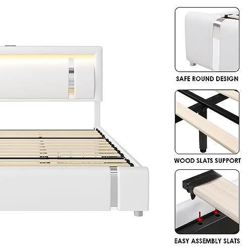 Queen Bed Frame with RGB LED Lights Headboard & 2 Storage Drawers, Modern Upholstered Faux Leather Smart Platform Bed with Iron Metal Decor, USB & USB-C Charging Ports, No Box Spring Needed, White