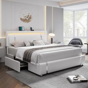 queen bed frame with rgb led lights headboard & 2 storage drawers, modern upholstered faux leather smart platform bed with iron metal decor, usb & usb-c charging ports, no box spring needed, white