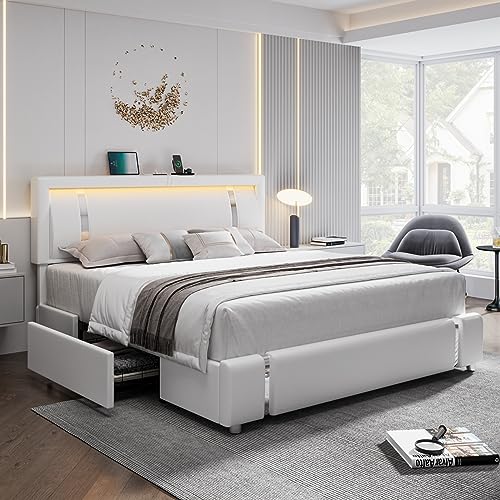 Queen Bed Frame with RGB LED Lights Headboard & 2 Storage Drawers, Modern Upholstered Faux Leather Smart Platform Bed with Iron Metal Decor, USB & USB-C Charging Ports, No Box Spring Needed, White