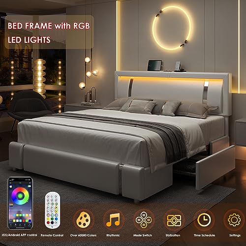 Queen Bed Frame with RGB LED Lights Headboard & 2 Storage Drawers, Modern Upholstered Faux Leather Smart Platform Bed with Iron Metal Decor, USB & USB-C Charging Ports, No Box Spring Needed, White