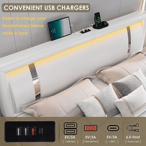 Queen Bed Frame with RGB LED Lights Headboard & 2 Storage Drawers, Modern Upholstered Faux Leather Smart Platform Bed with Iron Metal Decor, USB & USB-C Charging Ports, No Box Spring Needed, White