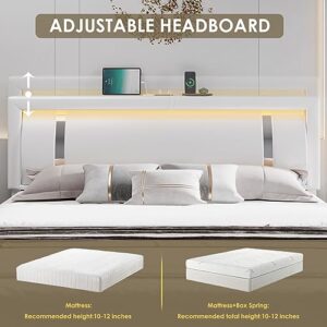 Queen Bed Frame with RGB LED Lights Headboard & 2 Storage Drawers, Modern Upholstered Faux Leather Smart Platform Bed with Iron Metal Decor, USB & USB-C Charging Ports, No Box Spring Needed, White