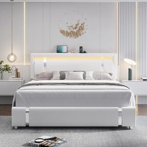 Queen Bed Frame with RGB LED Lights Headboard & 2 Storage Drawers, Modern Upholstered Faux Leather Smart Platform Bed with Iron Metal Decor, USB & USB-C Charging Ports, No Box Spring Needed, White