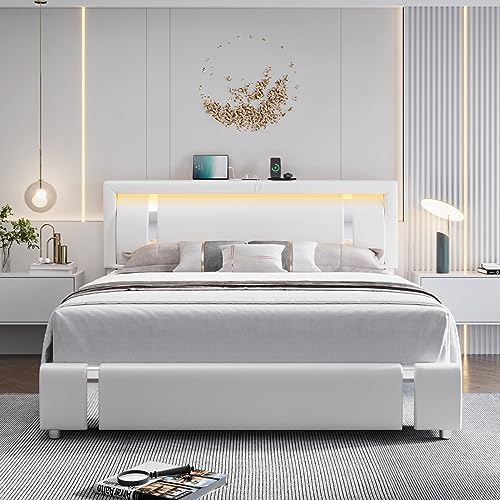 Queen Bed Frame with RGB LED Lights Headboard & 2 Storage Drawers, Modern Upholstered Faux Leather Smart Platform Bed with Iron Metal Decor, USB & USB-C Charging Ports, No Box Spring Needed, White