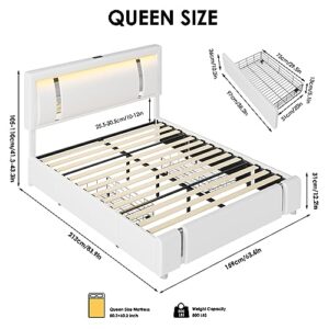 Queen Bed Frame with RGB LED Lights Headboard & 2 Storage Drawers, Modern Upholstered Faux Leather Smart Platform Bed with Iron Metal Decor, USB & USB-C Charging Ports, No Box Spring Needed, White