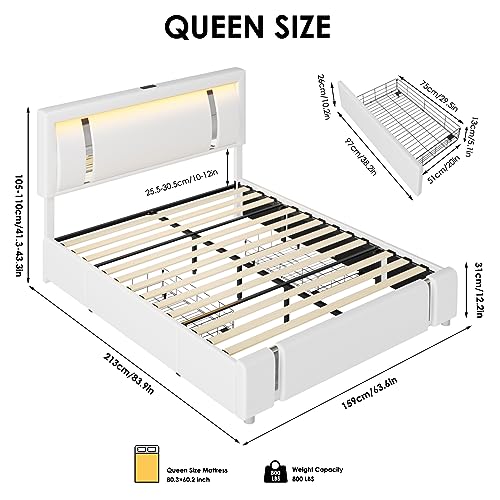 Queen Bed Frame with RGB LED Lights Headboard & 2 Storage Drawers, Modern Upholstered Faux Leather Smart Platform Bed with Iron Metal Decor, USB & USB-C Charging Ports, No Box Spring Needed, White