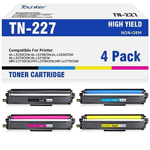 Tounker TN227BK/C/M/Y High Yield Toner Cartridges 4 Pack Compatible Replacement for TN227 TN227BK TN-227 TN223 TN223BK for HL-L3290CDW MFC-L3770CDW HL-L3210CW HL-L3270CDW MFC-L3710CW Printer