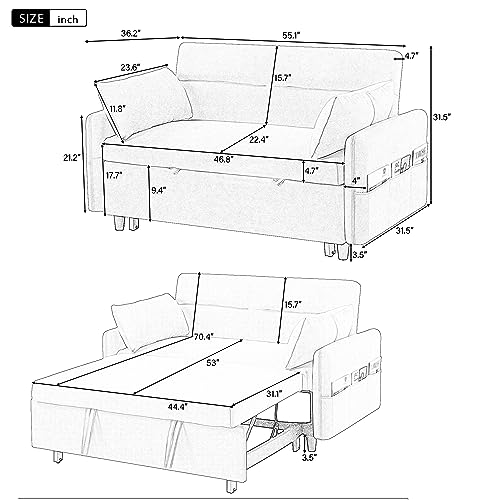 3-in-1 Loveseat Convertible to Sleep Sofabed, Modern Fabric Futon Sofa with Pull Out Sleeper Couch Bed, 2 Seater Sofá with Reclining Backrest for Living Space