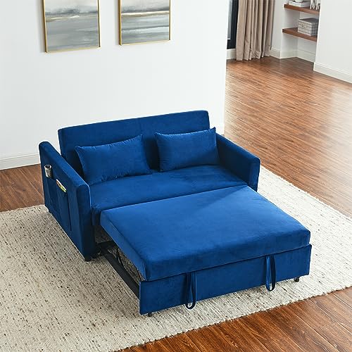 ERYE Modern Upholstered Futon Loveseat Convertible Sleeper Bed,2-Seaters Sofa & Couch Soft Cushions Love Seat Daybed for Small Space Living Room Sets Sofabed, Navy Velvet Bring Side Pockets, Pillows