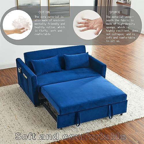 ERYE Modern Upholstered Futon Loveseat Convertible Sleeper Bed,2-Seaters Sofa & Couch Soft Cushions Love Seat Daybed for Small Space Living Room Sets Sofabed, Navy Velvet Bring Side Pockets, Pillows