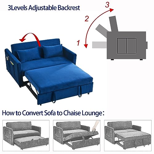 ERYE Modern Upholstered Futon Loveseat Convertible Sleeper Bed,2-Seaters Sofa & Couch Soft Cushions Love Seat Daybed for Small Space Living Room Sets Sofabed, Navy Velvet Bring Side Pockets, Pillows