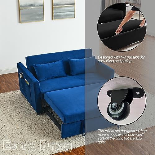 ERYE Modern Upholstered Futon Loveseat Convertible Sleeper Bed,2-Seaters Sofa & Couch Soft Cushions Love Seat Daybed for Small Space Living Room Sets Sofabed, Navy Velvet Bring Side Pockets, Pillows