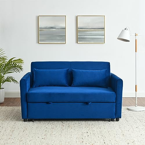 ERYE Modern Upholstered Futon Loveseat Convertible Sleeper Bed,2-Seaters Sofa & Couch Soft Cushions Love Seat Daybed for Small Space Living Room Sets Sofabed, Navy Velvet Bring Side Pockets, Pillows