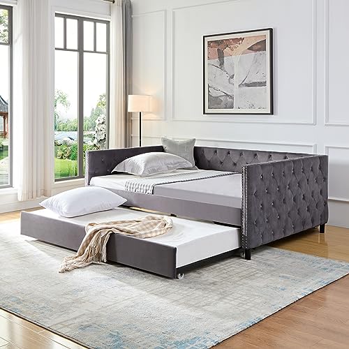 KINFFICT Full Size Daybed with Trundle, Velvet Upholstered Sofa Day Bed Frame with Botton Tufted and Nailhead Trim, Furniture for Living Room, Bedroom, Guestroom, No Box Spring Needed