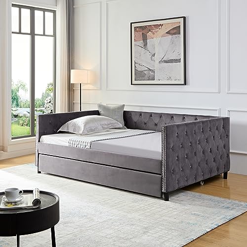 KINFFICT Full Size Daybed with Trundle, Velvet Upholstered Sofa Day Bed Frame with Botton Tufted and Nailhead Trim, Furniture for Living Room, Bedroom, Guestroom, No Box Spring Needed