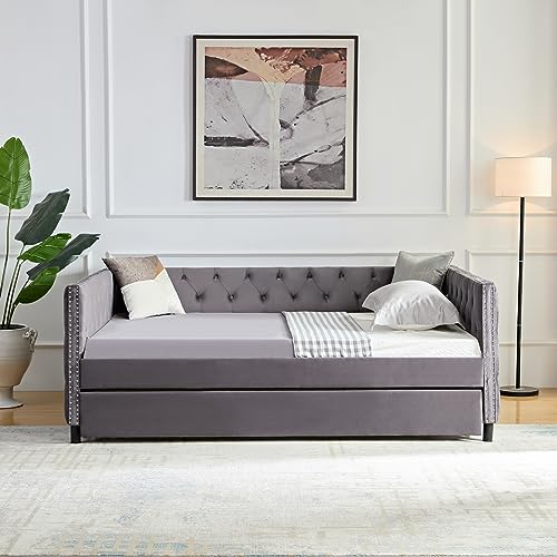 KINFFICT Full Size Daybed with Trundle, Velvet Upholstered Sofa Day Bed Frame with Botton Tufted and Nailhead Trim, Furniture for Living Room, Bedroom, Guestroom, No Box Spring Needed