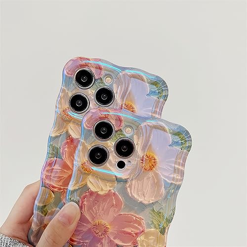 Blu-ray Oil Painting Flower for iPhone 14 Pro Phone Case Women Girls Colorful Floral Cute Stylish Soft Cover for Apple iPhone 14Pro 6.1"