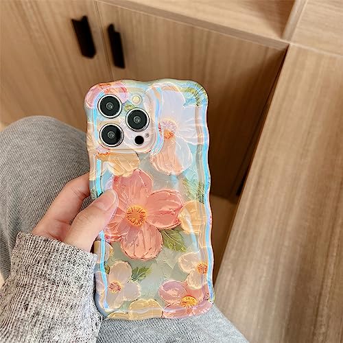 Blu-ray Oil Painting Flower for iPhone 14 Pro Phone Case Women Girls Colorful Floral Cute Stylish Soft Cover for Apple iPhone 14Pro 6.1"