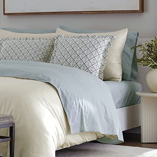 Nate Home mDesign by Nate Berkus 200TC 4-Piece Cotton Percale Sheet Set | from mDesign, Twin XL Size, 1 Flat Sheet/1 Fitted Sheet/1 Standard Pillowcase/1 Accent Pillow, (Light Blue/Cream)