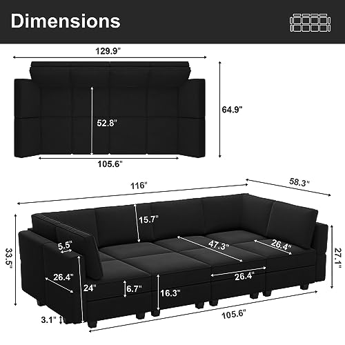 Belffin Modular Sectional Sofa with Storage Chaises Sectional Sleeper Sofa Couch 8 Seat Sectional Sofa Bed Black