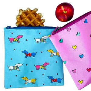 yumbox pochette 8x8 in. large reusable sandwich & snack bag (2-pack) - eco-friendly, bpa-free, water-resistant, easy-wash - woof & hearts design - perfect for school, work & travel