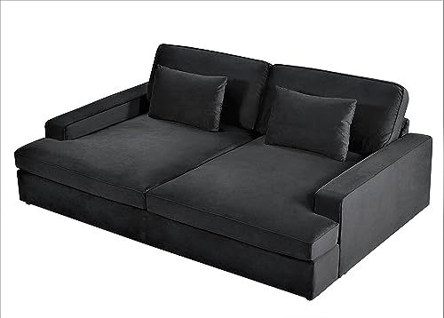 US Pride Furniture Sleek Velvet Sleeper Sofa Bed Couch with Luxurious Design, Stylish Focal Point for Elegant Living Spaces and Cozy Lounging with 2 Accent Pillows, Black