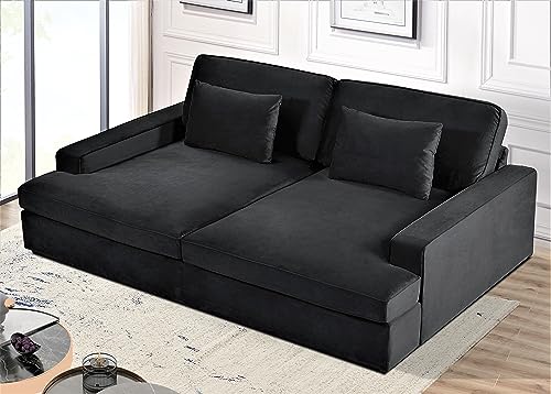 US Pride Furniture Sleek Velvet Sleeper Sofa Bed Couch with Luxurious Design, Stylish Focal Point for Elegant Living Spaces and Cozy Lounging with 2 Accent Pillows, Black