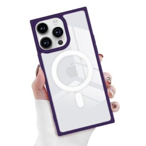 newseego for iphone 14 pro max magnetic case, cute clear square case with magsafe for women girls men soft tpu frame + hard pc back non yellowing bumper shockproof cover for iphone 14 pro max-purple