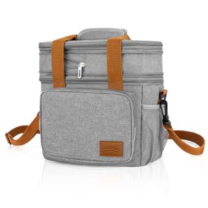 xexxvre lunch box for men women,17l insulated lunch bag women, expandable double deck lunch cooler bag,lightweight leakproof lunch tote bag, suit for work travel grey light gray