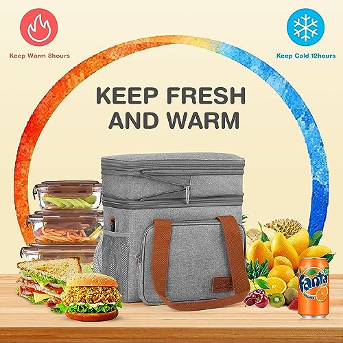 Xexxvre Lunch Box For Men Women,17L Insulated Lunch Bag Women, Expandable Double Deck Lunch Cooler Bag,Lightweight Leakproof Lunch Tote Bag, Suit For Work Travel Grey Light gray